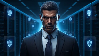 Fototapeta premium Professional businessman in suit with digital security shield icons background