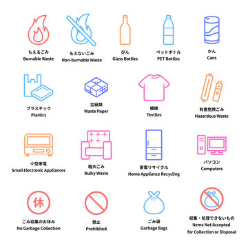 ゴミ分別アイコンとリサイクルのシンプルな線画イラストセット Waste sorting outline icons and garbage recycling classification simple line art sign set with translation