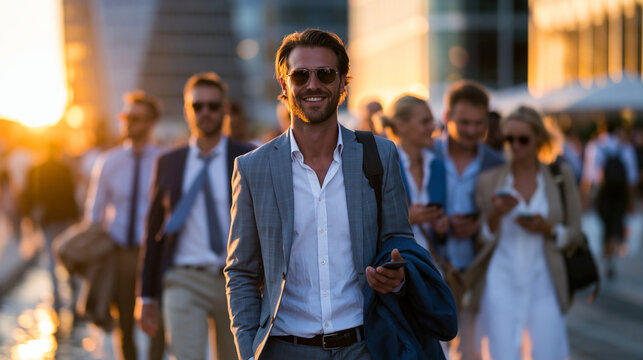 Young urban professionals walking confidently through busy financial district at golden hour after work, relaxed end of day energy, some loosening ties and carrying suit jackets ov
