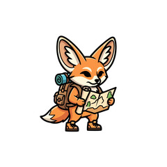 Obraz premium Cartoon Fennec Fox Explorer with Backpack and Rolled Map.