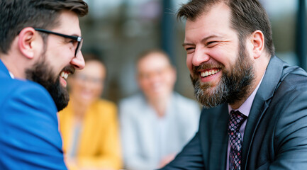 Fototapeta premium Corporate team members exchanging handshakes and conversation around a conference communication, career success and relationships.