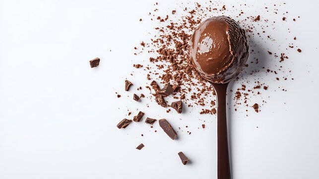 A chocolate spoon with chocolate chunks and crumbs on a white surface