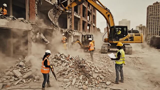Construction workers and heavy machinery meticulously demolish an old urban building, clearing debris for a new development project.