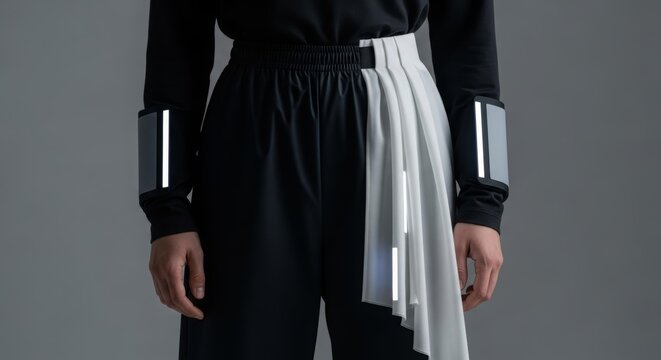 Person modeling avant-garde monochrome outfit with reflective accents and asymmetrical design elements