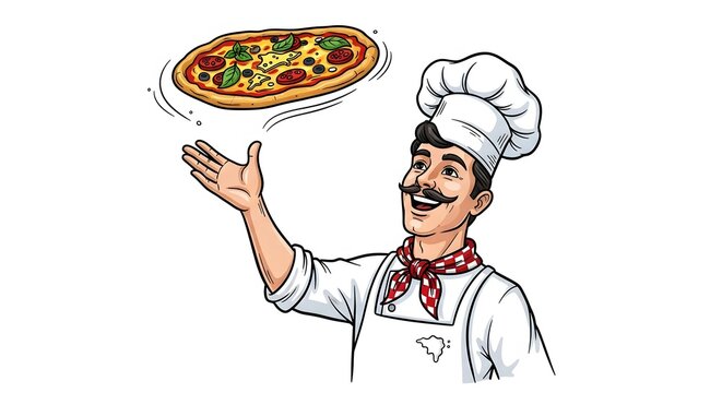Cheerful chef tossing pizza dough with skillful flair
