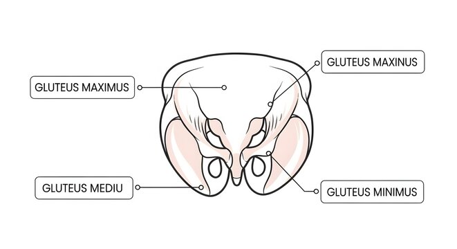 Anatomical illustration of gluteal muscles with labeled parts