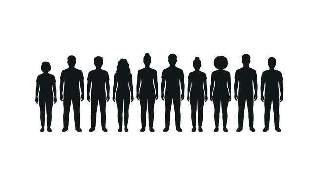 Diverse group of male and female silhouettes standing together in a line illustration