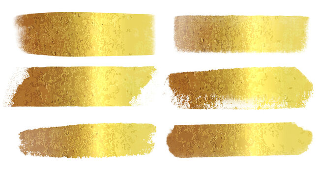 Set of textured gold brush stroke banners with metallic gradient effect on transparent background. Abstract luxury paint swatches for labels, frames, headers, decoration, and modern design elements.