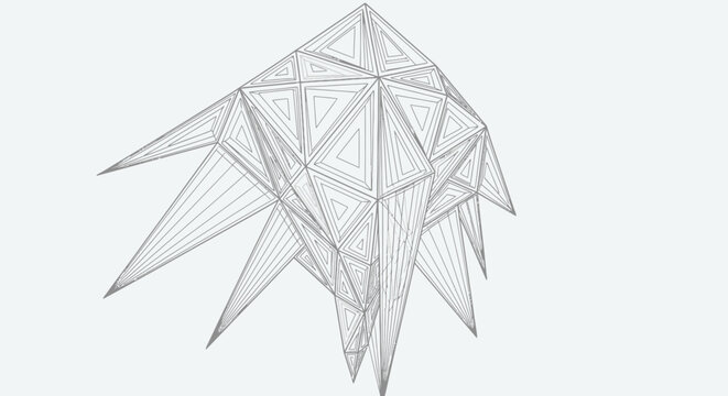 Abstract geometric wireframe structure with intricate triangular patterns on a light background.