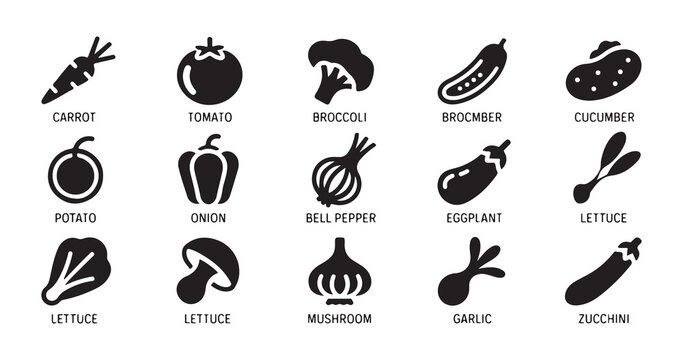 Food vegetable icons set with carrot tomato broccoli cucumber potato onion lettuce and garlic shapes.