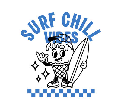 Cute ice cream cone surfer mascot in vintage outline style, playful summer graphic with bold text for beachwear, stickers, apparel, and poster design