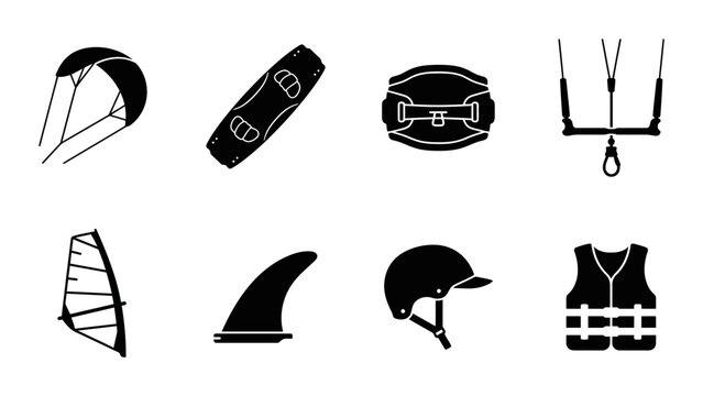 Kitesurfing Gear Icons, Water Sports Equipment Set, Windsurf Board, Safety Vest, Helmet, Vector Graphics