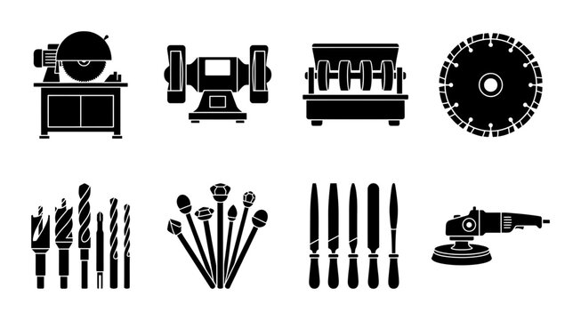 Industrial Tools Vector Icons: Grinder, Saw, Drill Bits, Files, Polisher, Machinery