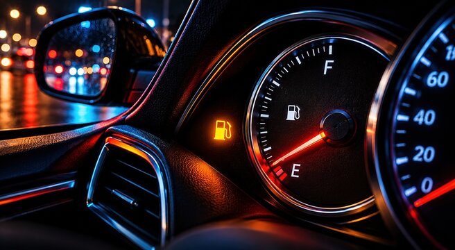 Fuel warning light activation inside a vehicle digital dashboard display night time driver's perspective importance of fuel awareness for road safety and vehicle maintenance