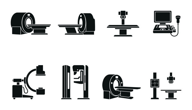 Medical Imaging Equipment Icons, MRI CT Scanner, X-Ray Machine, Ultrasound Set