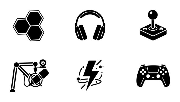 Gaming & Tech Icons: Headphones, Joystick, Microphone, Controller, Energy Bolt, Hexagons