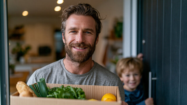 A man bringing groceries into the house while a child holds the door open for him, small teamwork, real family life, concept of meaning through mutual support, photorealistic, prem