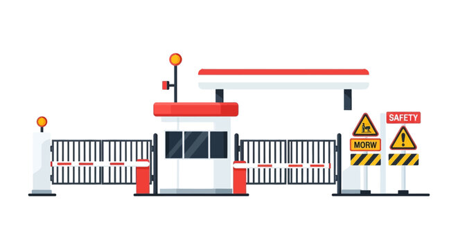 Security Checkpoint with Guardhouse and Automatic Boom Barrier Gates - Flat Vector Illustration for Industrial and Safety Concepts