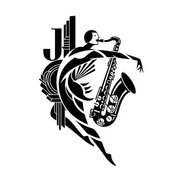 Silhouette of a Jazz Musician Playing Saxophone in Dynamic Pose.