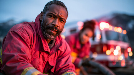 Obraz premium Fire crew preparing hoses beside a fire engine at dawn, firefighters checking equipment with focused expressions, teamwork, readiness and emergency service concept, photorealistic,