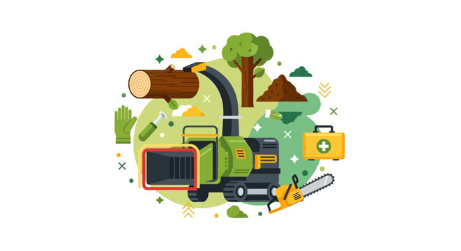 Forestry Wood Chipper and Arborist Equipment Vector Illustration with Chainsaw, Safety Gear, and Logs for Tree Removal and Landscaping Services