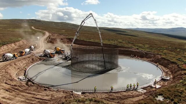 Massive Wind Turbine Foundation Construction: Concrete Poured Amidst Remote Landscape