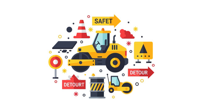 Flat Vector Illustration of a Yellow Road Roller with Construction and Safety Icons on White Background