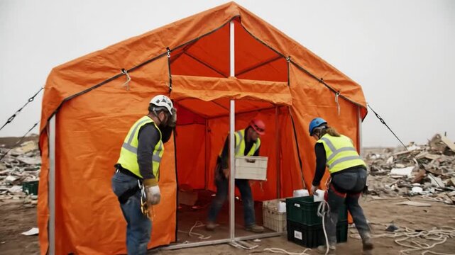 Disaster relief team rapidly erects temporary orange shelter amidst debris for essential aid and support
