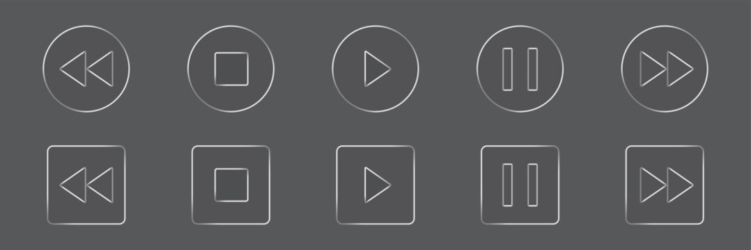 Glassmorphism Media Player Button icons set. 3d box and circle shape for control interface elements. Play, pause, stop, next, fast, like. Vector illustration Glass morphism. Play button glass icon vec