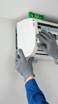 Technician installing wall mounted air conditioner unit. Man using spirit level tool for precise alignment of climate control device during home HVAC maintenance. Vertical video