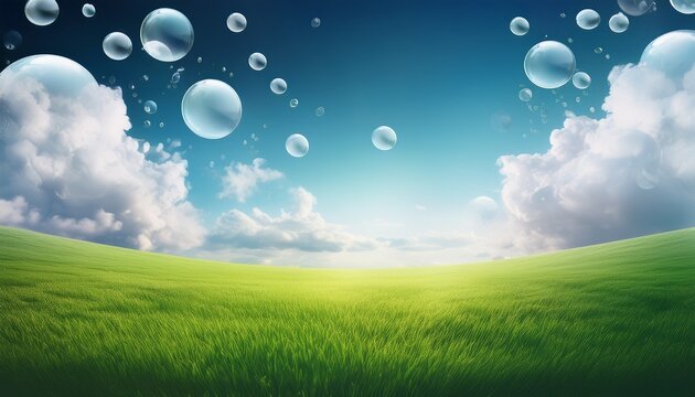 A Frutiger Aero Style Background Featuring A Green Field With Clouds And Bubbles Presenting A Clean And Modern Design With An Airy And Whimsical Aesthetic