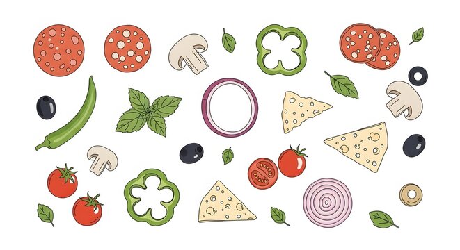 Seamless Pattern of Pizza Ingredients with Vegetables and Cheese
