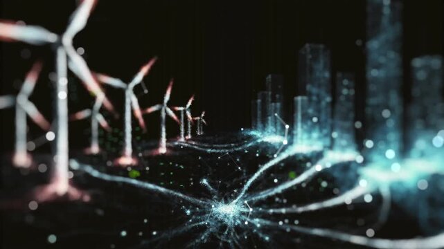 Abstract 3D render of wind turbines and a glowing smart city connected by flowing data and energy lines. Concept for renewable power grid and digital infrastructure.