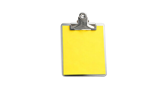 A standard professional clipboard with a blank bright yellow sheet of paper attached for notes and office tasks clipboard stationery business planning document