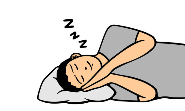 Man character sleeping on pillow taking nap or dreaming pose for rest or bedtime concept in flat cartoon illustration style isolated clip art for graphic design presentation element.