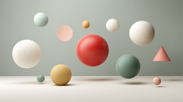 Assortment of colorful, textured geometric shapes float midair against a muted backdrop