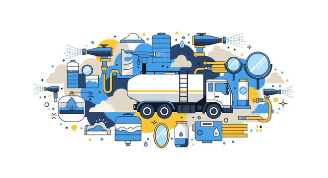 Water Tanker Truck and Industrial Water Distribution System Flat Vector Illustration for Environmental Management and Irrigation Services