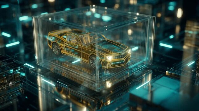 Abstract 3D semiconductor cube matrix with encased wireframe sports car (AI Generated)