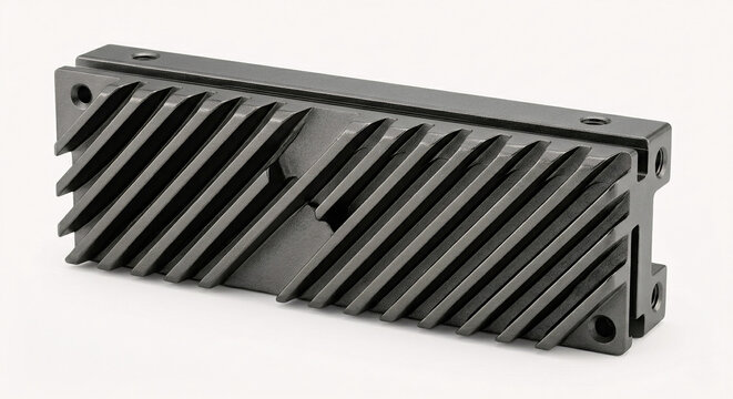 Macro shot of an extruded aluminum thermal heatsink shield for NVMe SSD. Features diagonal cooling fins and gunmetal finish isolated on white.