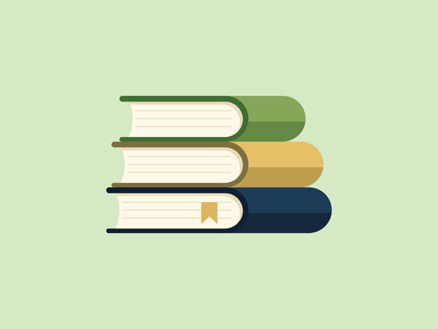 Stacked books rest neatly against a soft mint background. Colors blend gently-green, gold, and navy-suggesting variety. No faces or people appear, so emotions are irrelevant here