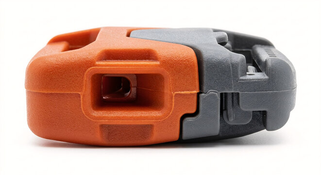 Macro of a technical emergency whistle integrated into an orange and black sternum buckle for a trail running vest. Isolated on pure white.