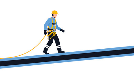 Obraz premium Construction Worker in Safety Harness and Hard Hat Walking on High Beam - Occupational Safety and Fall Protection Vector Illustration