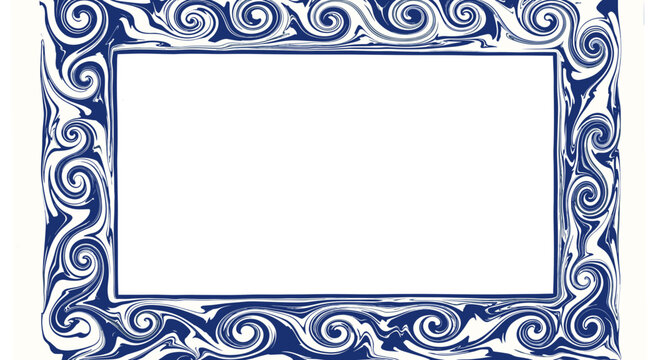 Decorative Ornate Rectangular Frame with Swirling Blue and White Pattern.