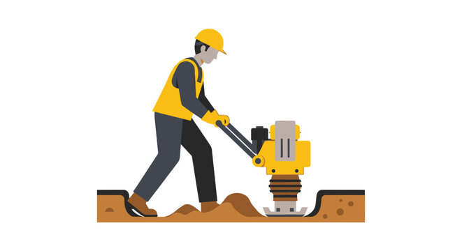 Construction Worker in Safety Gear Using Tamping Rammer to Compact Soil in Trench Vector Illustration