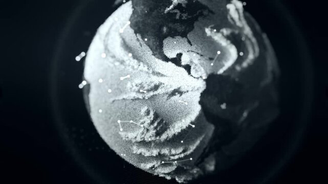 3D rendered rotating globe made of particles with connected nodes and lines. Futuristic global data and communication concept on dark background.