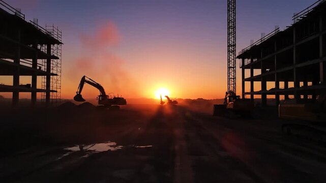 Dramatic sunset over a busy construction site with excavators, cranes, and building structures casting long shadows.