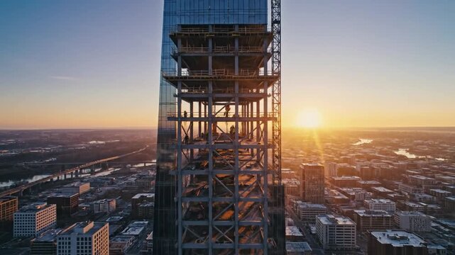 Towering steel skyscraper under construction pierces the dawn sky with workers scaling its framework
