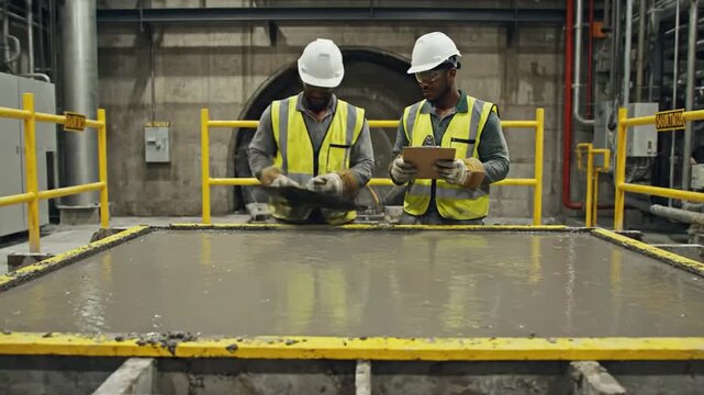 Skilled workers in hard hats and safety vests carefully pour specialized concrete mix into a reinforced formwork at an industrial construction site
