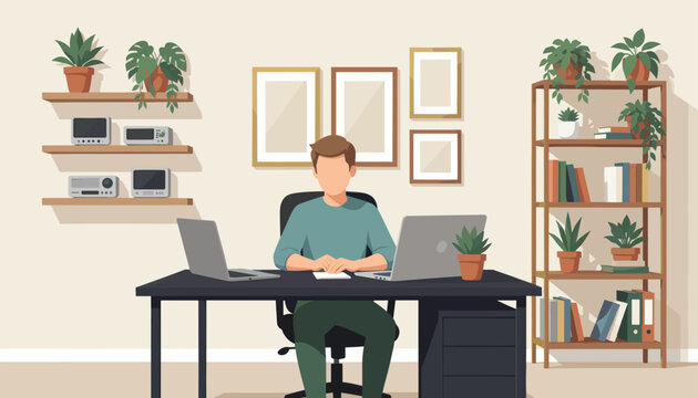 Man Working on Laptop at Home Office Desk Surrounded by Plants