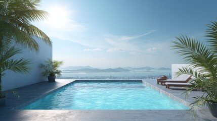 Fototapeta premium Luxury rooftop swimming pool overlooks a bright coastal metropolitan panorama under clear skies.